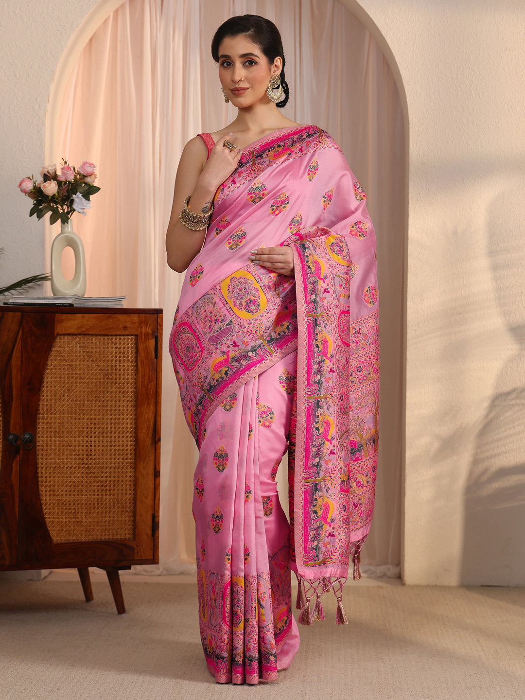 Libas Rose Pink Woven Design Silk Blend Tassel Saree