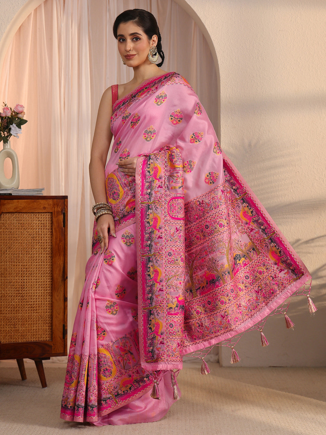 Libas Rose Pink Woven Design Silk Blend Tassel Saree