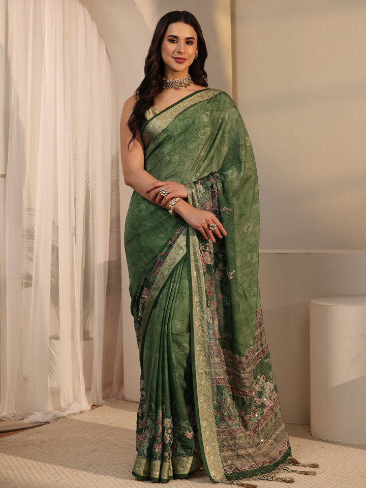 Libas Green Floral Printed Crepe Tassel Saree