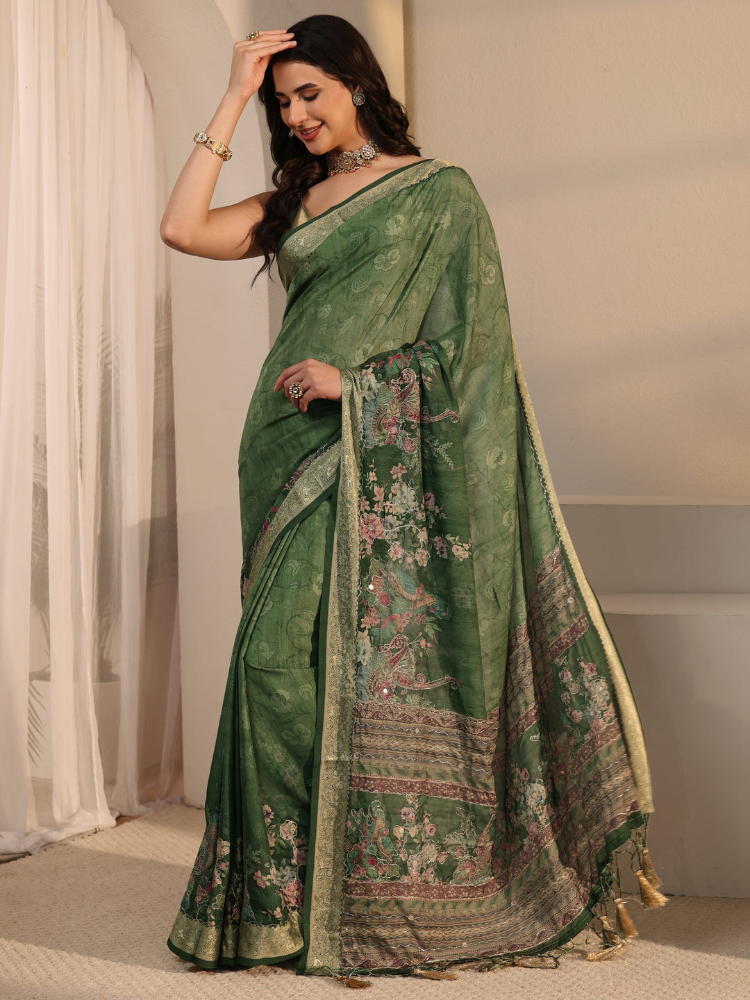Libas Green Floral Printed Crepe Tassel Saree