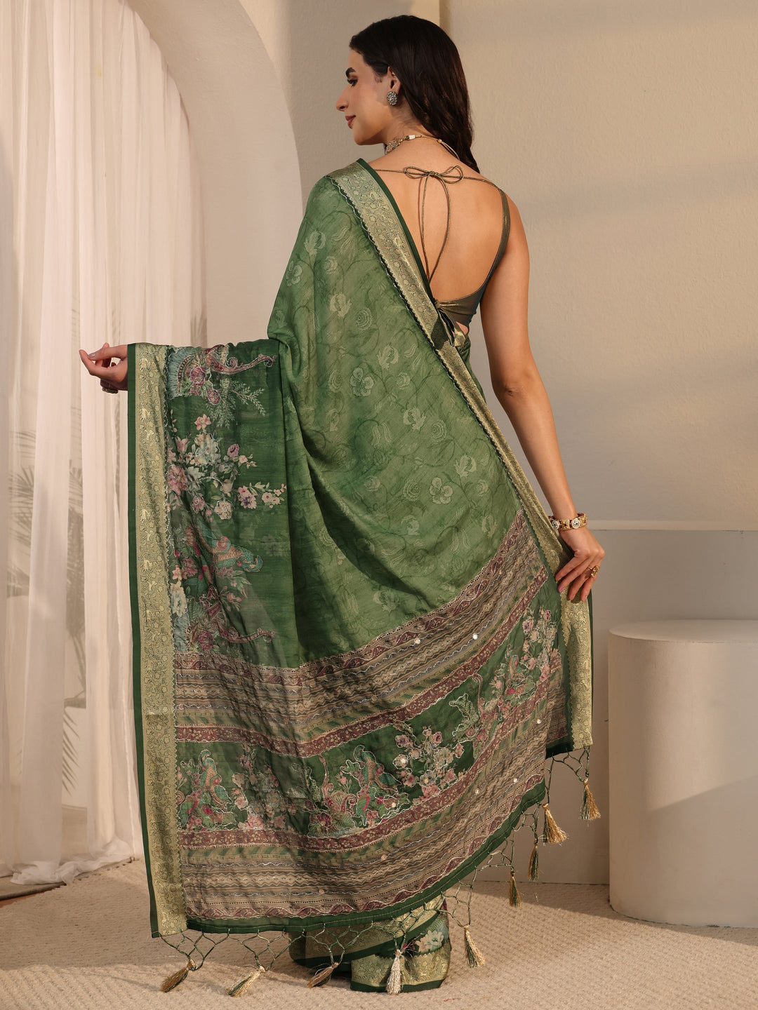 Libas Green Floral Printed Crepe Tassel Saree