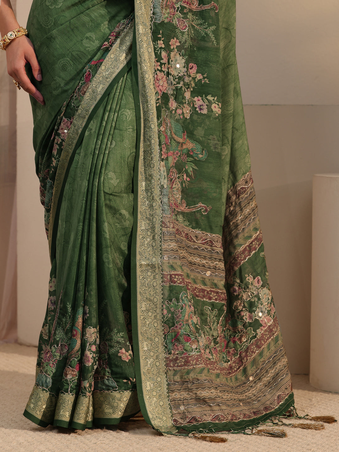 Libas Green Floral Printed Crepe Tassel Saree