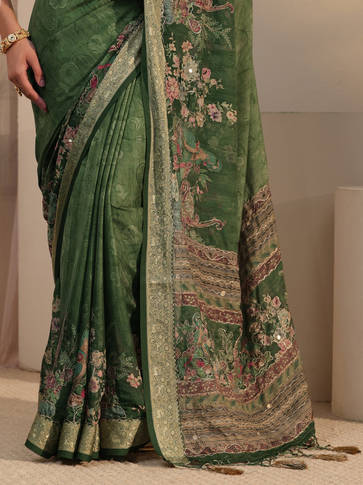 Libas Green Floral Printed Crepe Tassel Saree