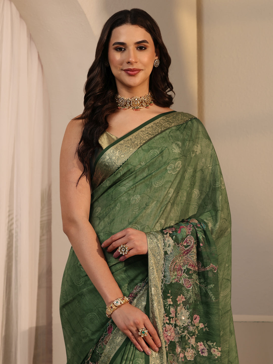 Libas Green Floral Printed Crepe Tassel Saree
