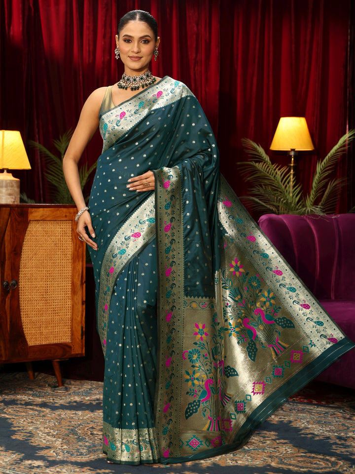 Libas Deep Teal Blue Silk Blend Paithani Saree