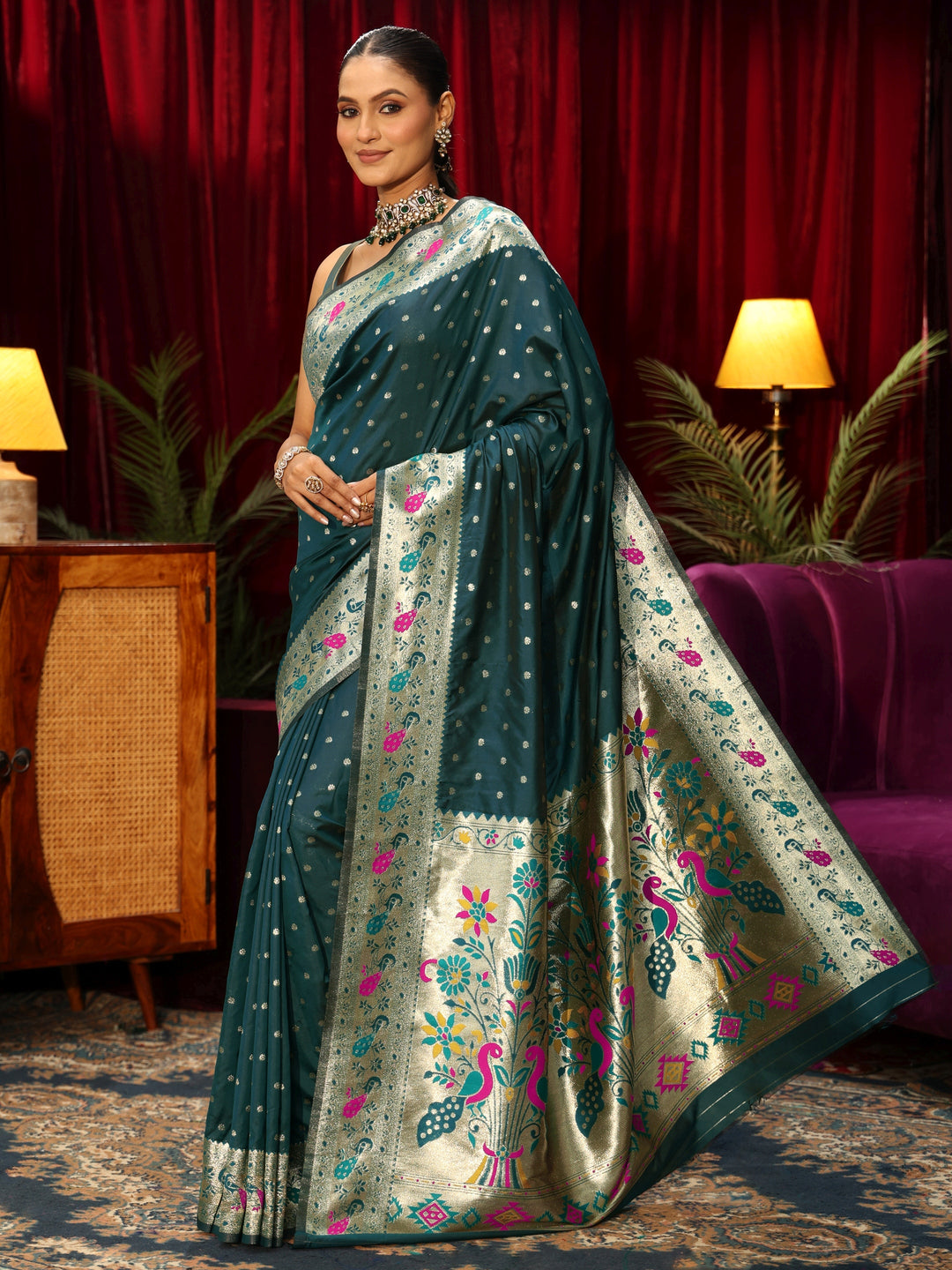 Libas Deep Teal Blue Silk Blend Paithani Saree