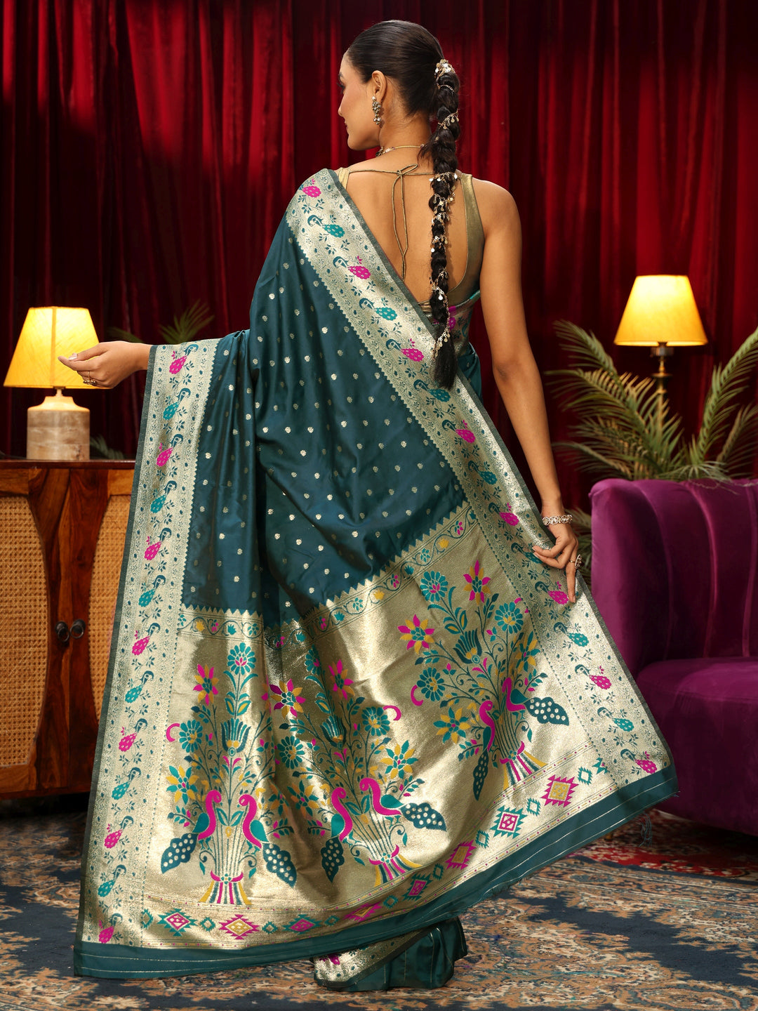Libas Deep Teal Blue Silk Blend Paithani Saree