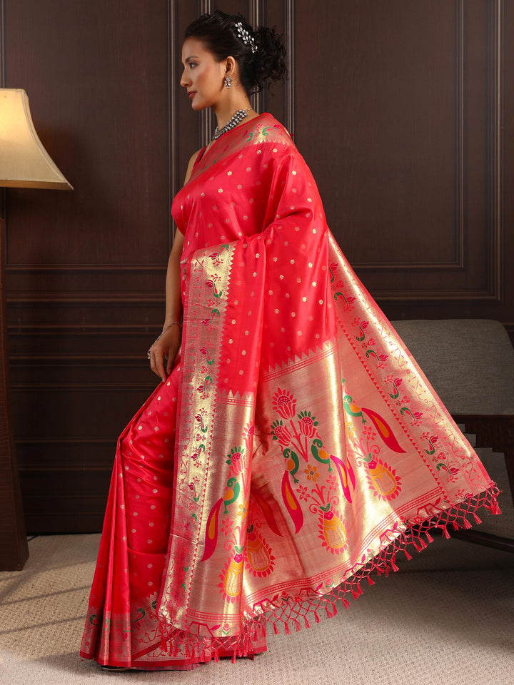 Libas Red Paithani Silk Blend Tassel Saree