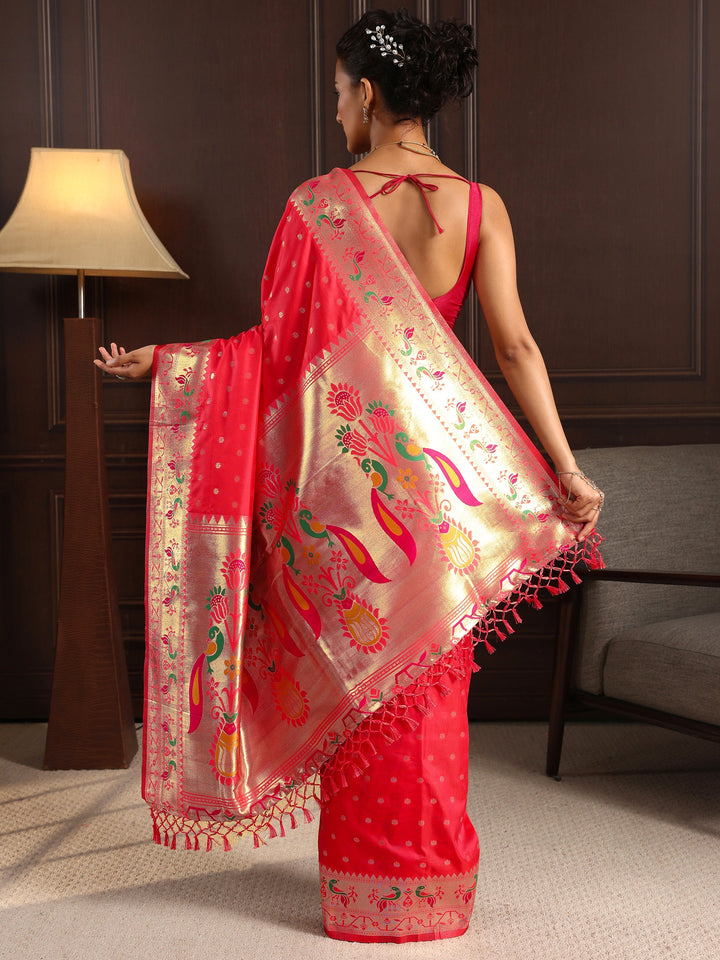 Libas Red Paithani Silk Blend Tassel Saree