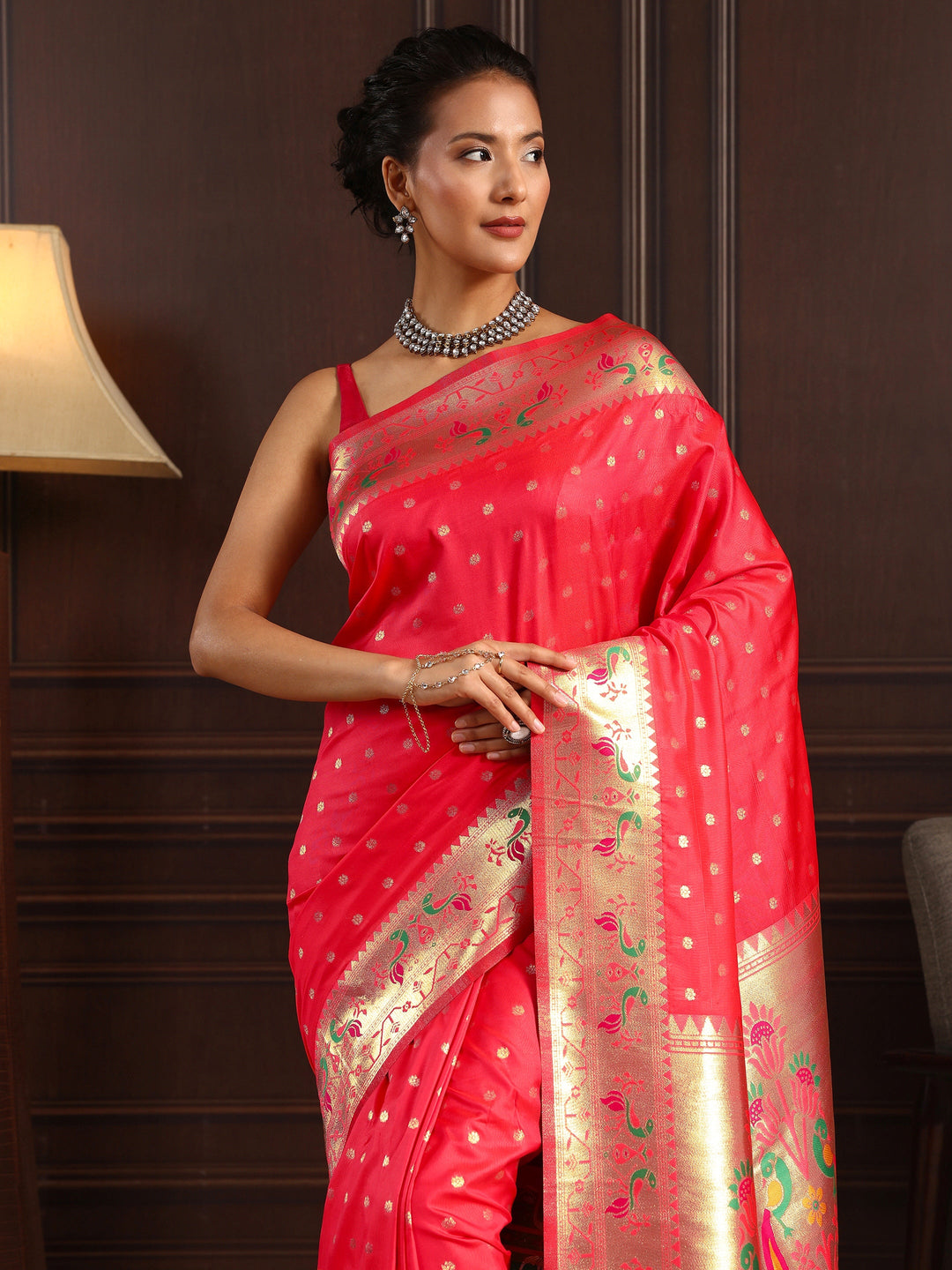 Libas Red Paithani Silk Blend Tassel Saree