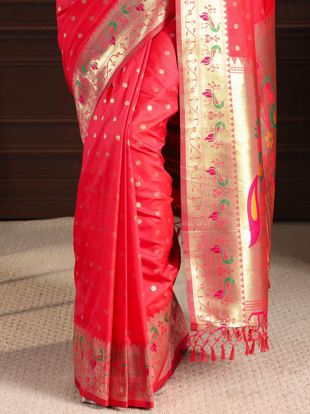 Libas Red Paithani Silk Blend Tassel Saree
