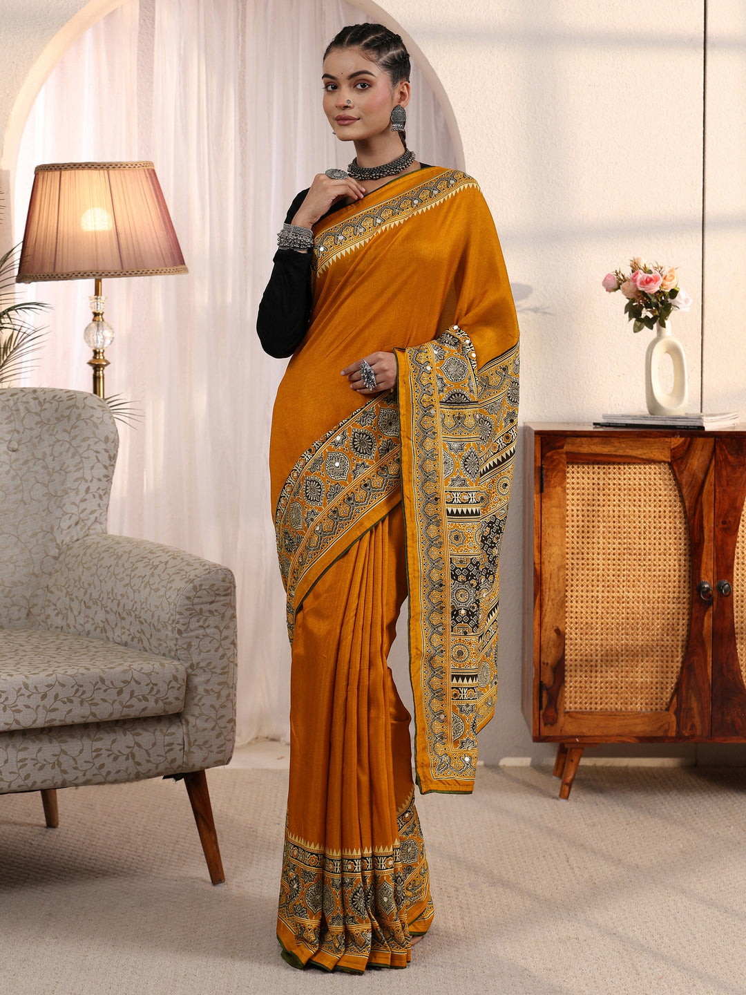 Libas Mustard Ajrakh Printed Mirror Work Silk Blend Saree
