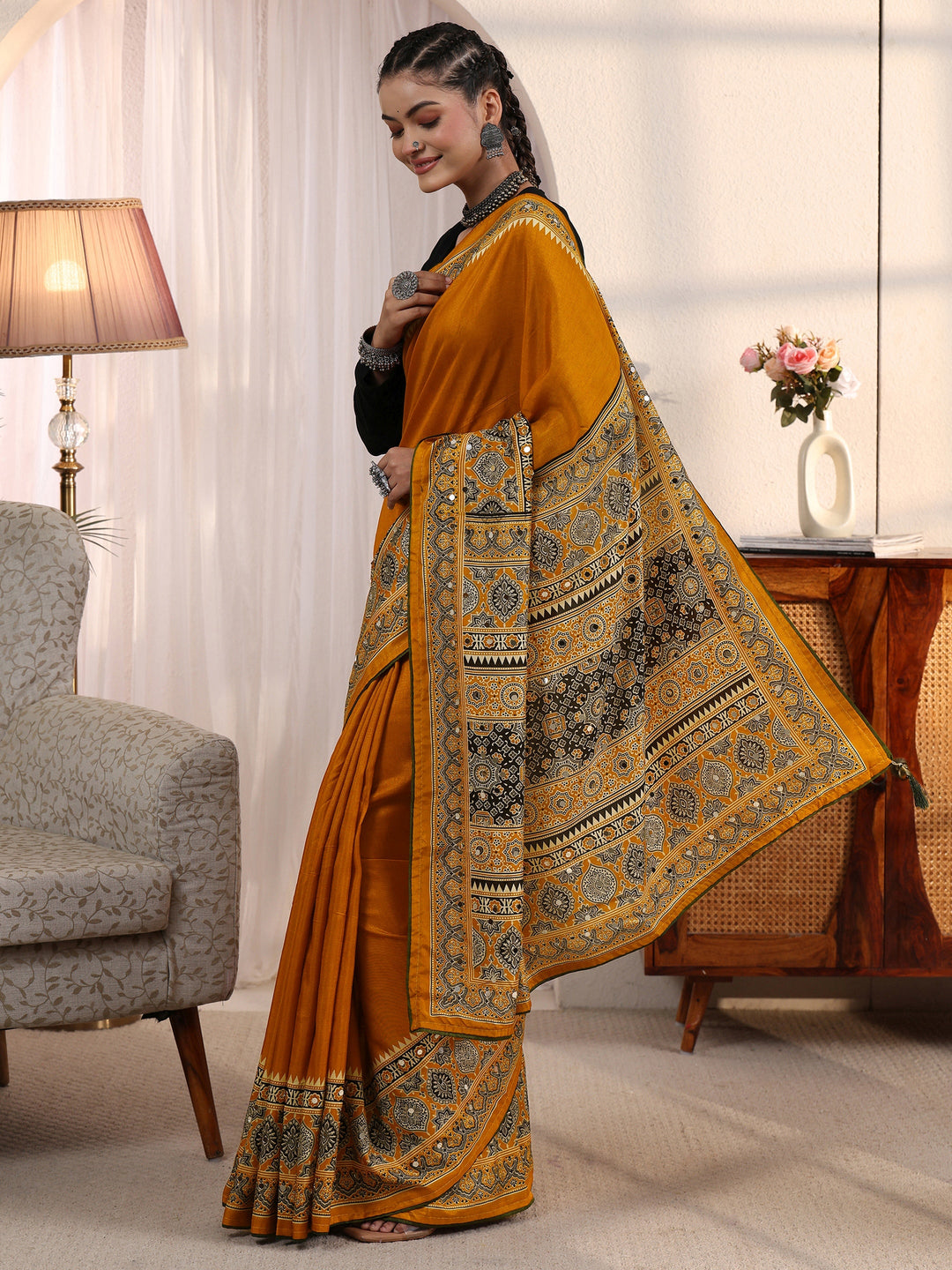 Libas Mustard Ajrakh Printed Mirror Work Silk Blend Saree