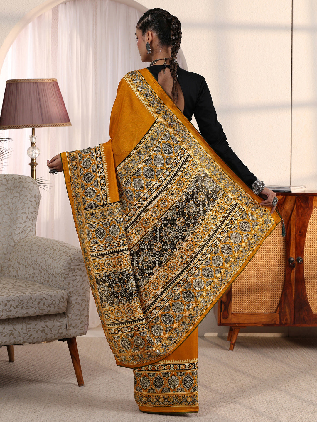 Libas Mustard Ajrakh Printed Mirror Work Silk Blend Saree