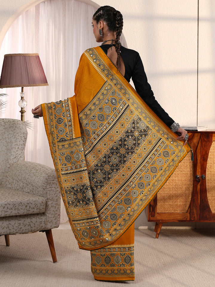 Libas Mustard Ajrakh Printed Mirror Work Silk Blend Saree