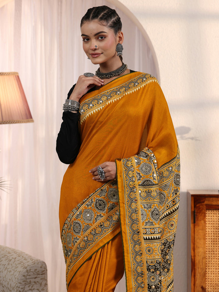 Libas Mustard Ajrakh Printed Mirror Work Silk Blend Saree