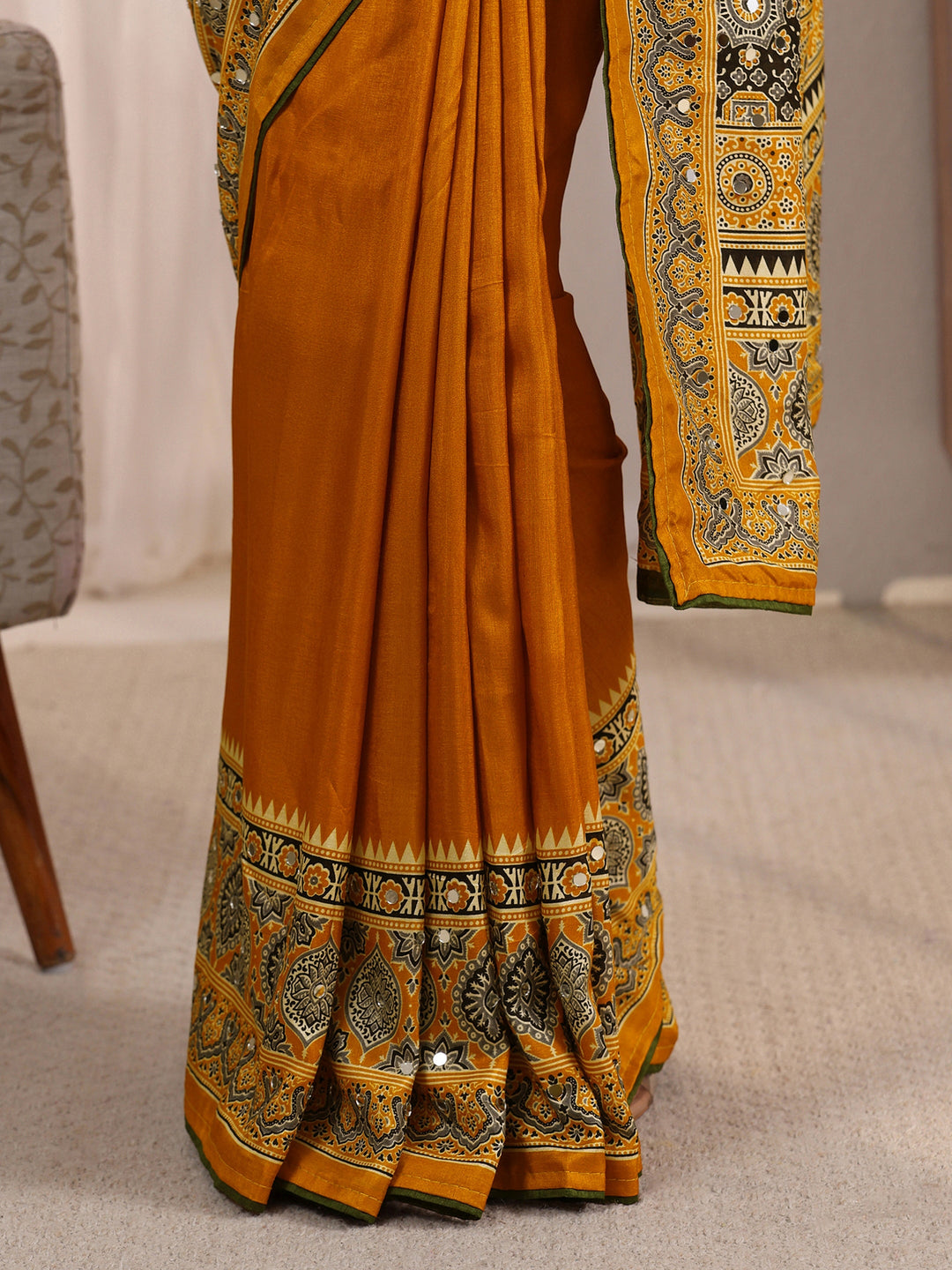 Libas Mustard Ajrakh Printed Mirror Work Silk Blend Saree