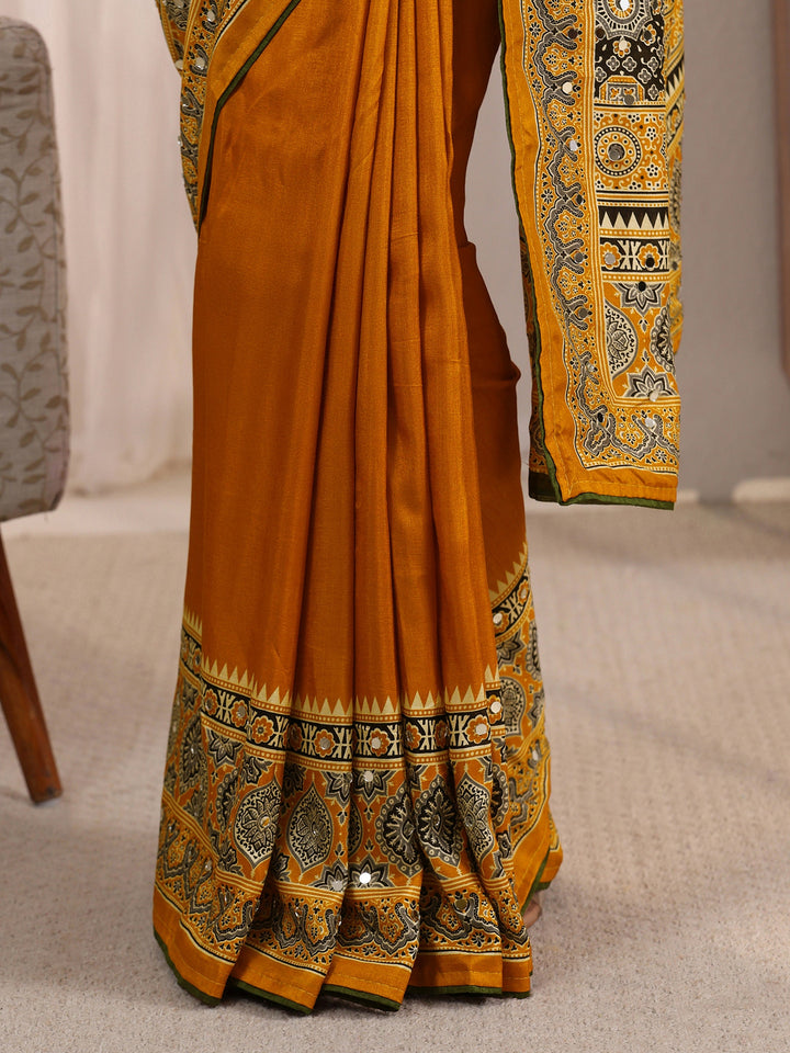 Libas Mustard Ajrakh Printed Mirror Work Silk Blend Saree