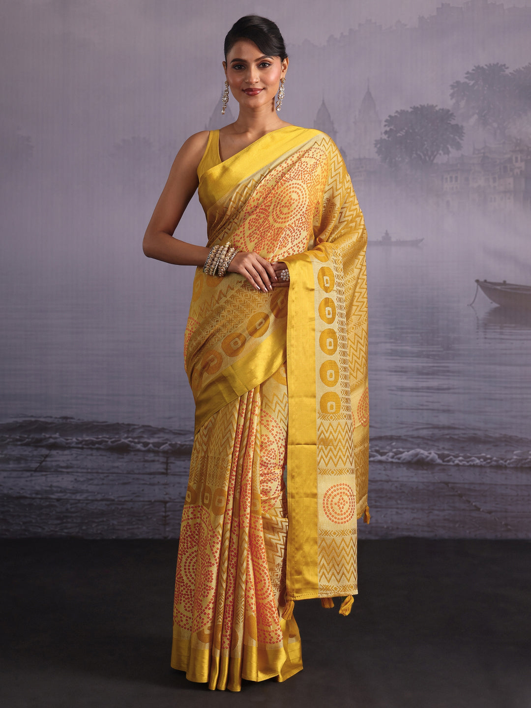 Libas Yellow Geometric Print Silk Saree