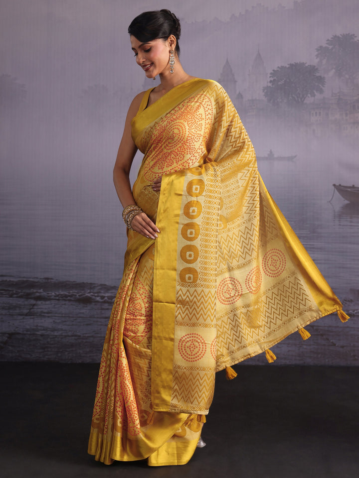 Libas Yellow Geometric Print Silk Saree