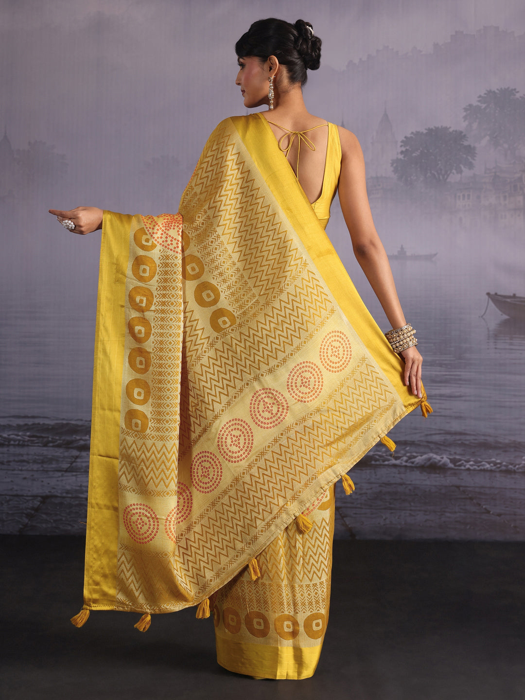 Libas Yellow Geometric Print Silk Saree
