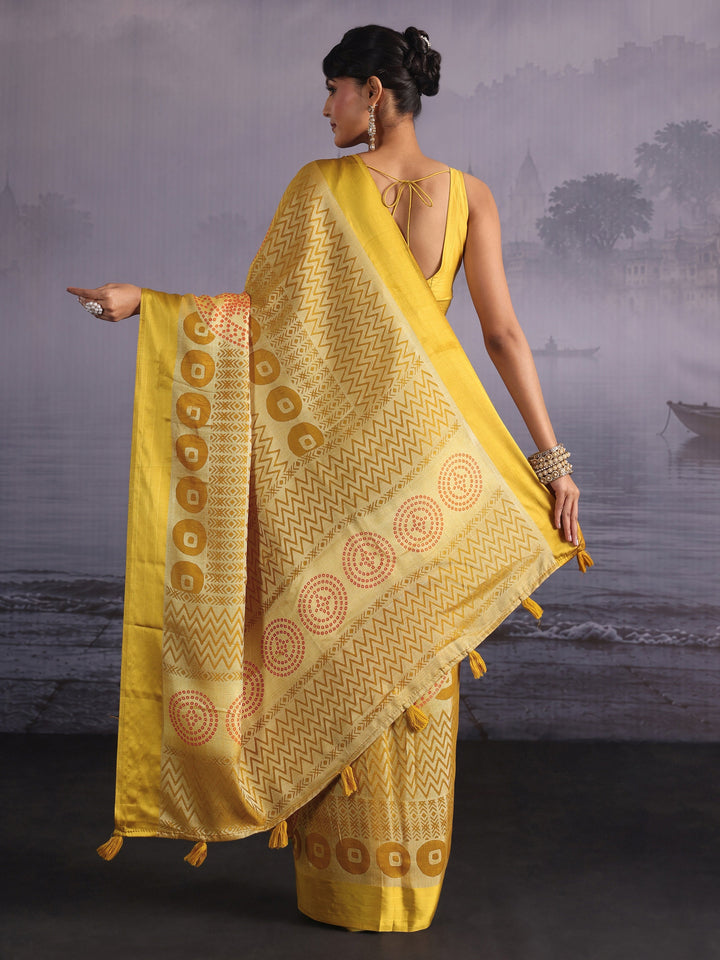 Libas Yellow Geometric Print Silk Saree