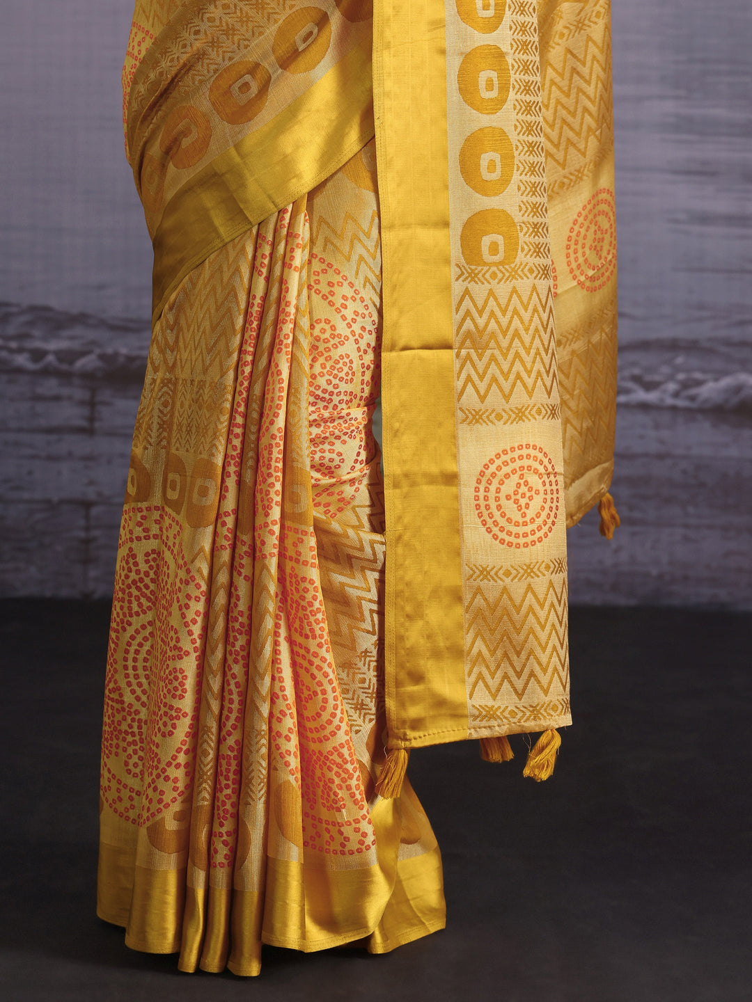 Libas Yellow Geometric Print Silk Saree