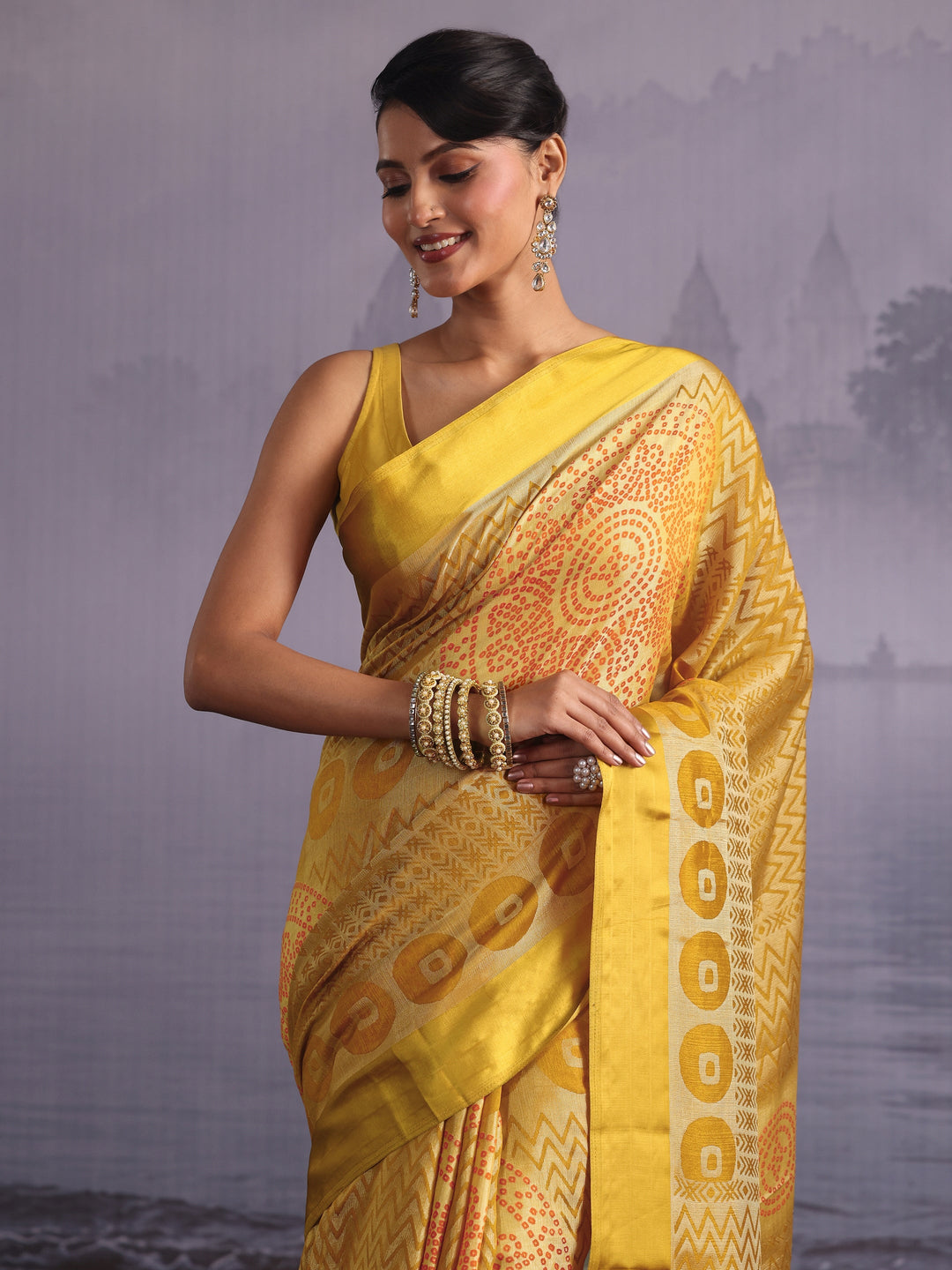 Libas Yellow Geometric Print Silk Saree