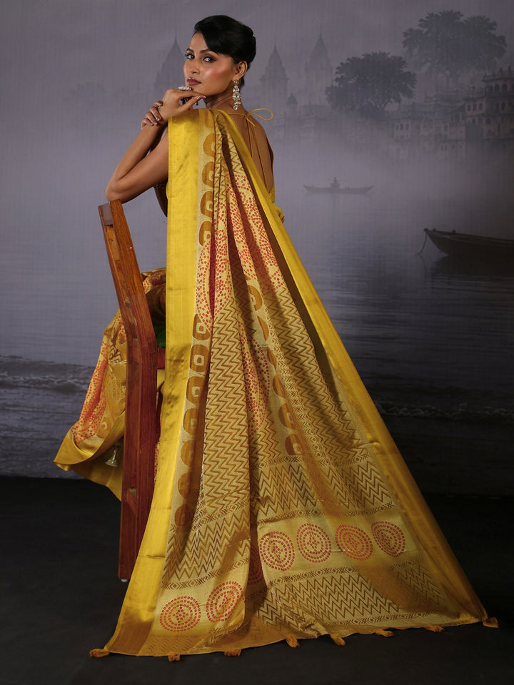 Libas Yellow Geometric Print Silk Saree