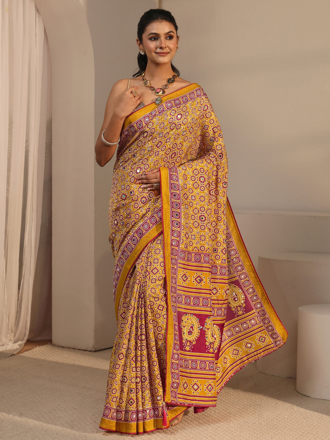 Libas Mustard Ajrakh Printed Silk Blend Saree
