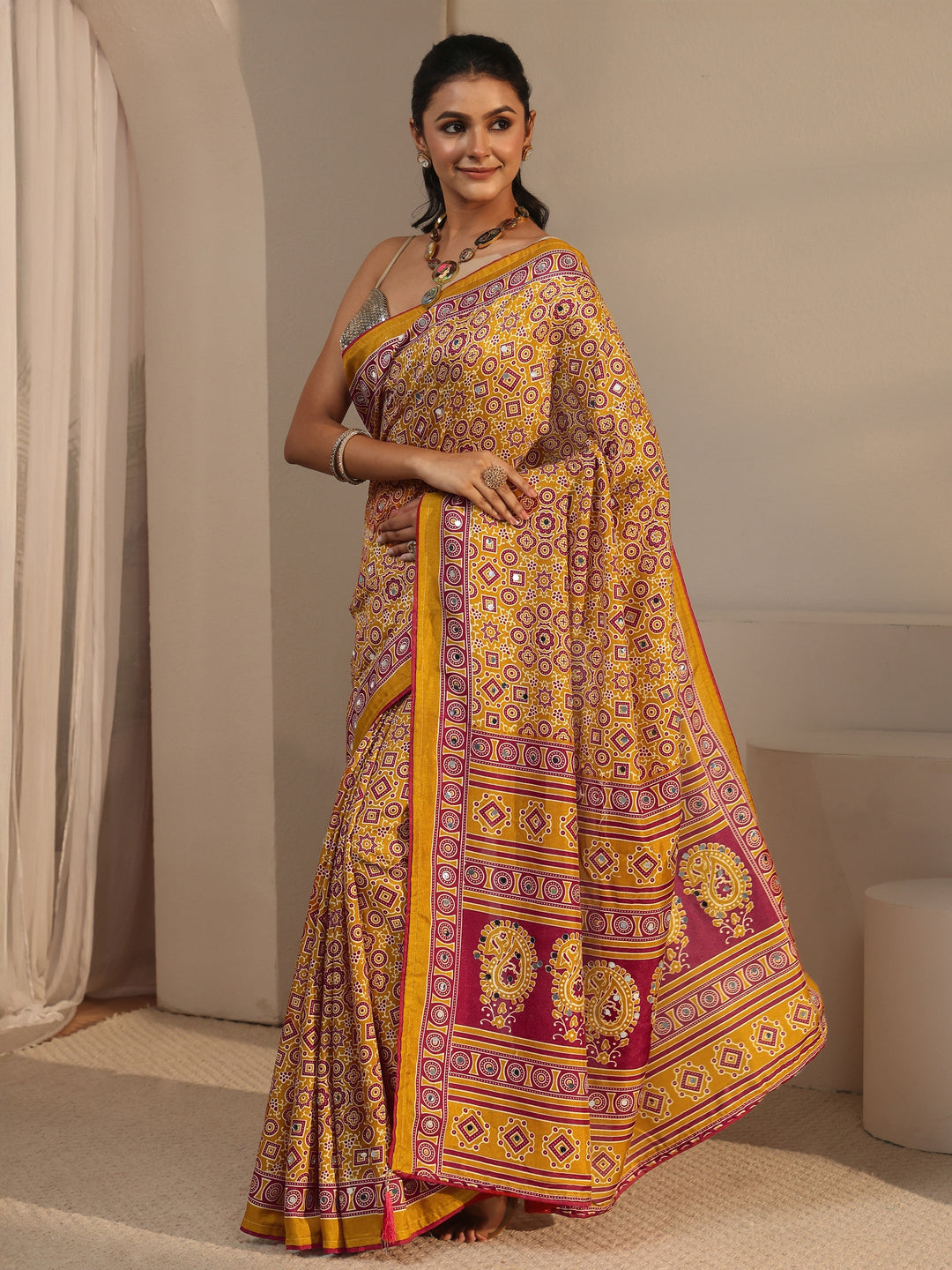 Libas Mustard Ajrakh Printed Silk Blend Saree