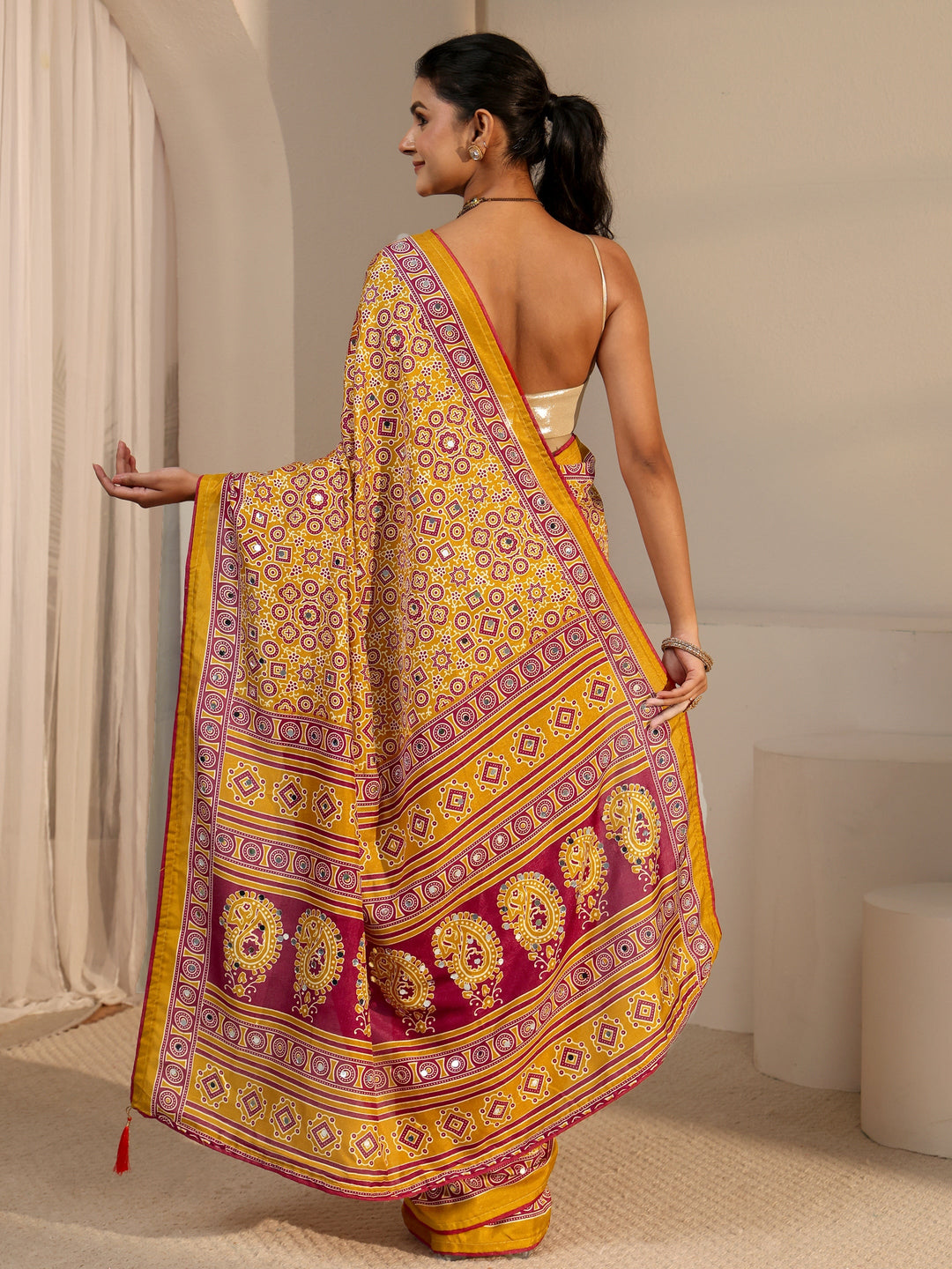 Libas Mustard Ajrakh Printed Silk Blend Saree