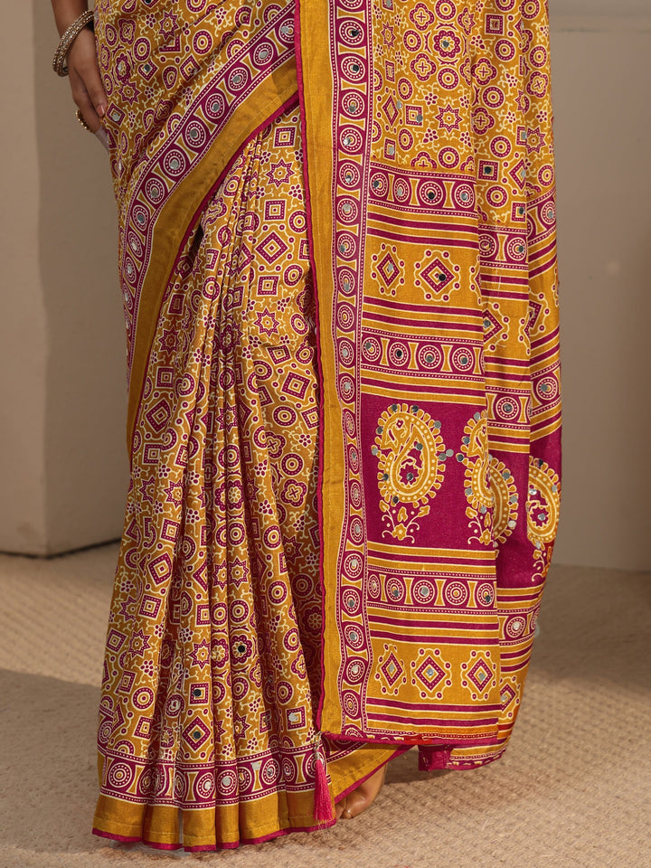 Libas Mustard Ajrakh Printed Silk Blend Saree