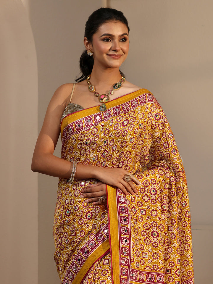 Libas Mustard Ajrakh Printed Silk Blend Saree