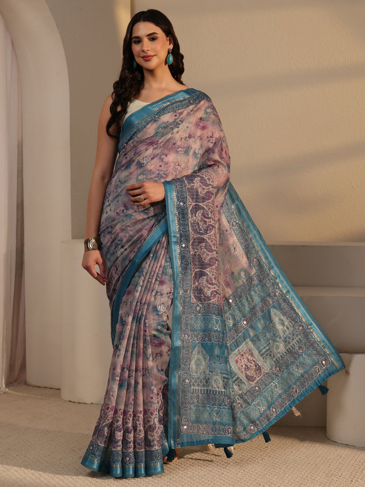 Libas Blue Floral Printed Cotton Blend Saree