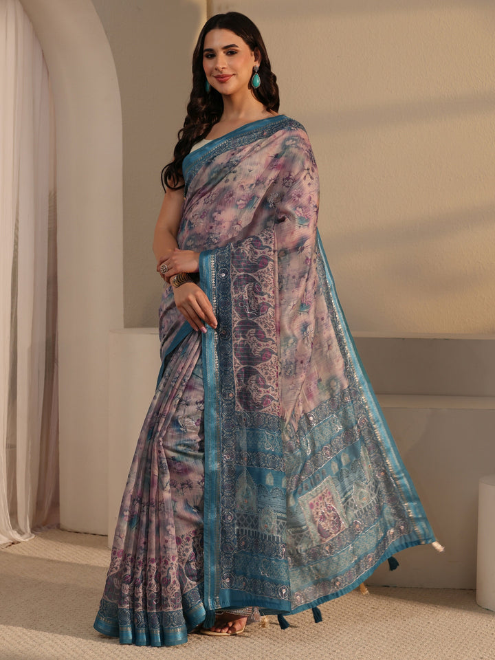 Libas Blue Floral Printed Cotton Blend Saree