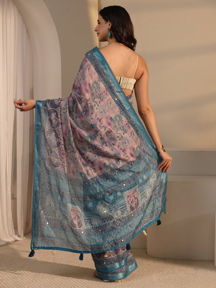 Libas Blue Floral Printed Cotton Blend Saree