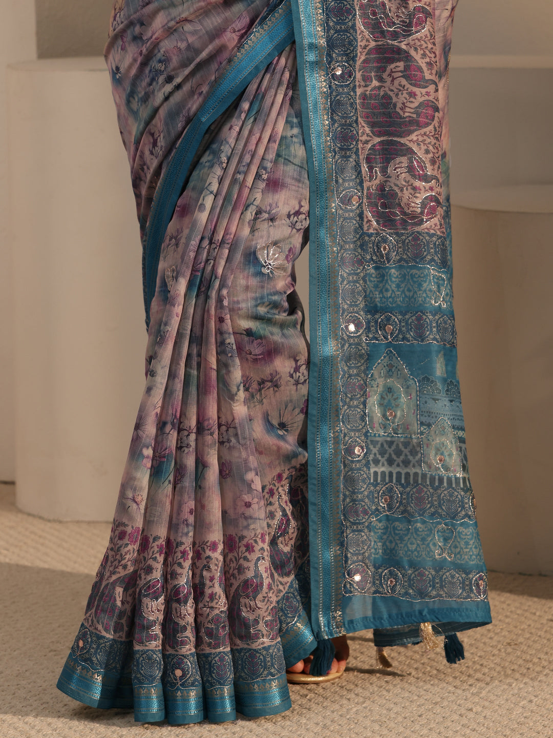 Libas Blue Floral Printed Cotton Blend Saree