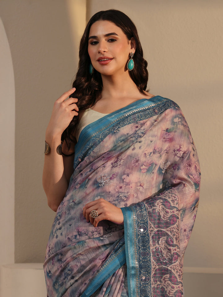 Libas Blue Floral Printed Cotton Blend Saree