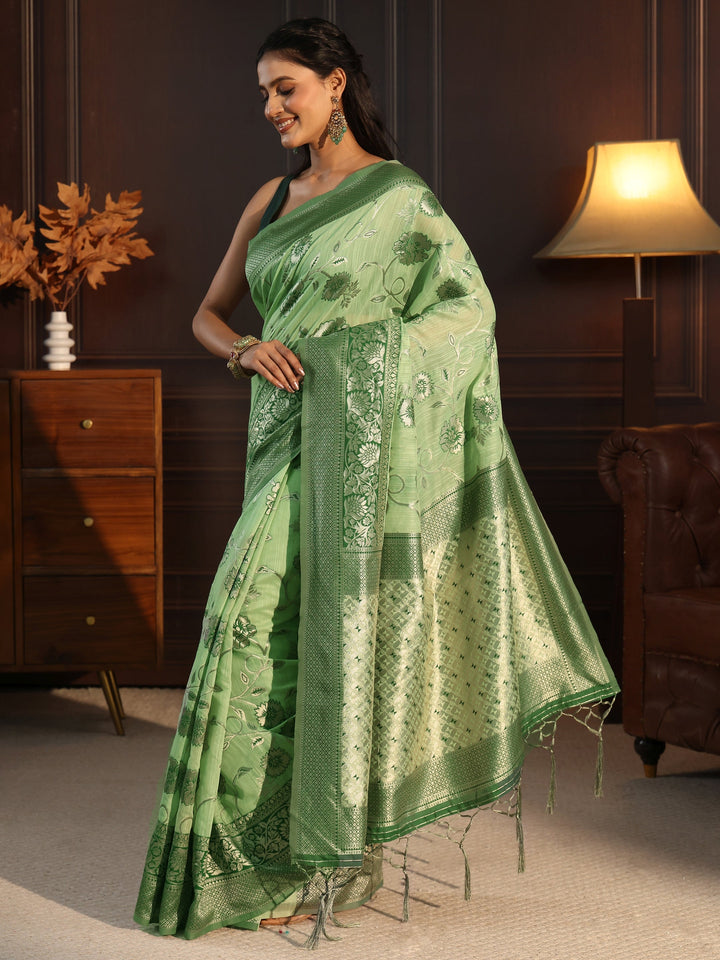 Libas Green Floral Woven Design Cotton Blend Tassel Saree