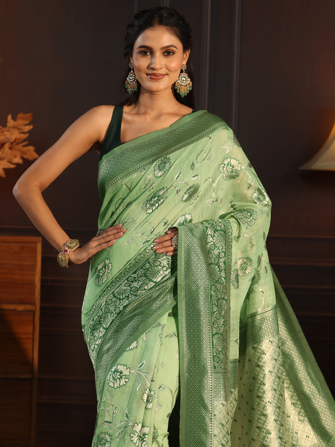 Libas Green Floral Woven Design Cotton Blend Tassel Saree