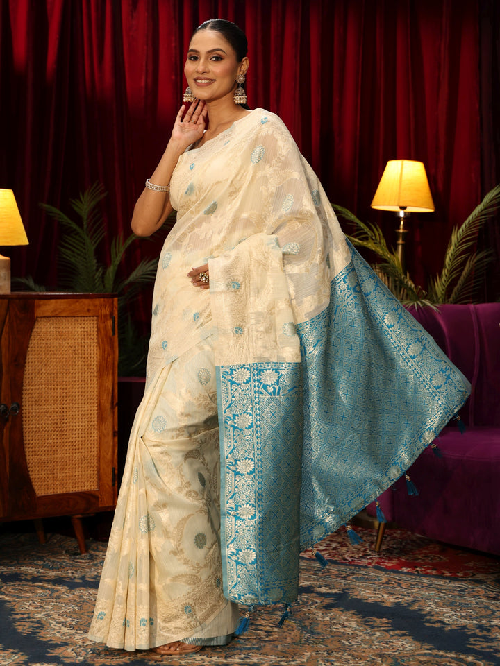Libas Cream Floral Woven Design Silk Blend Tassel Saree