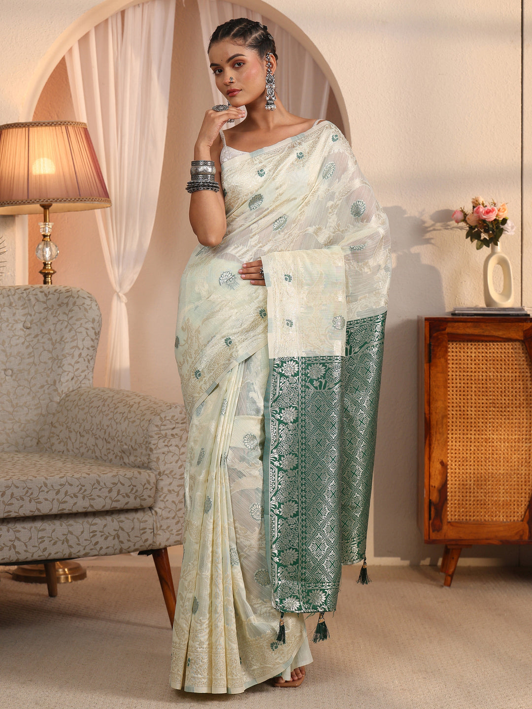 Libas Beige and Green Floral Woven Design Silk Blend Tassel Saree