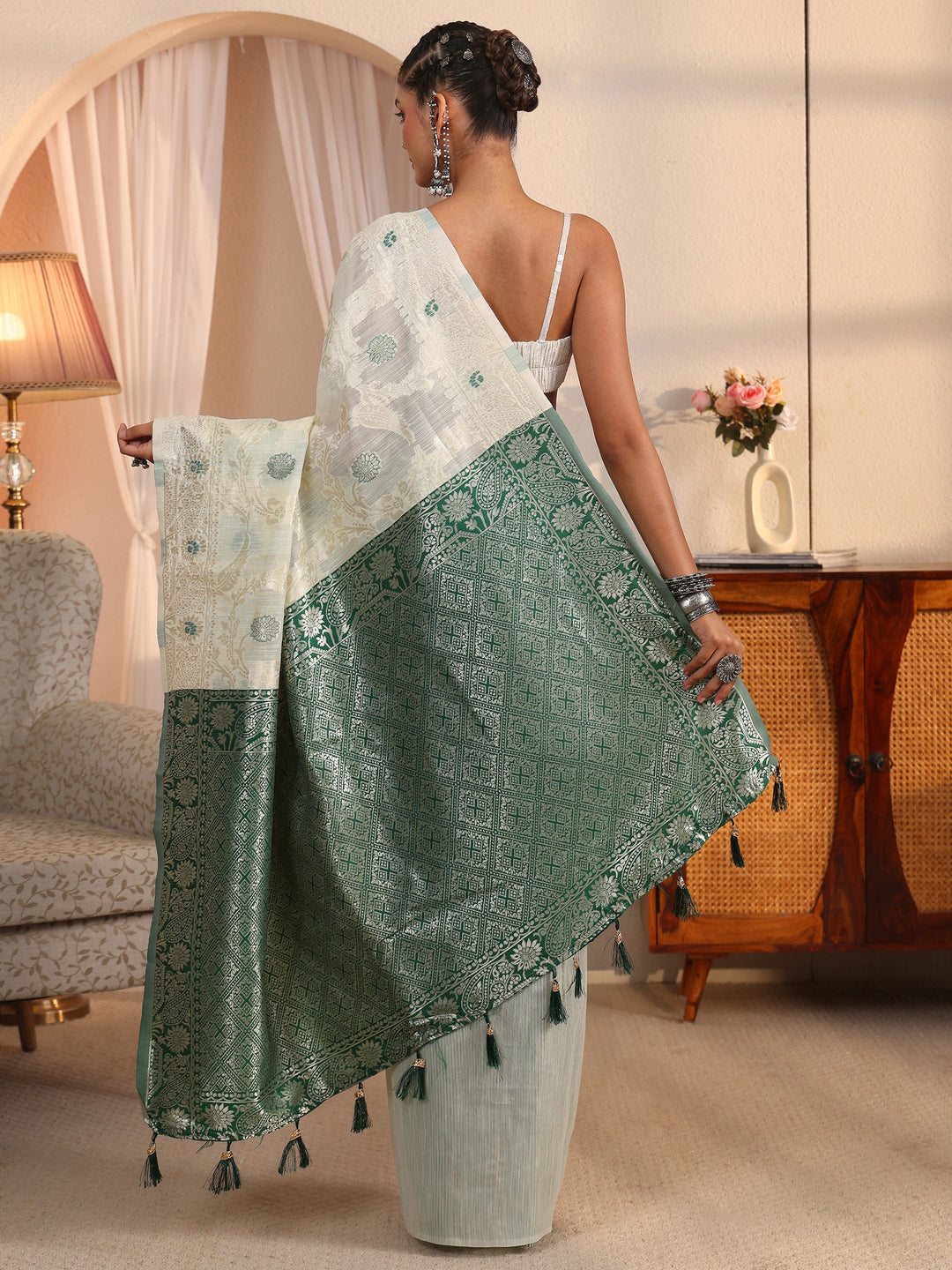 Libas Beige and Green Floral Woven Design Silk Blend Tassel Saree