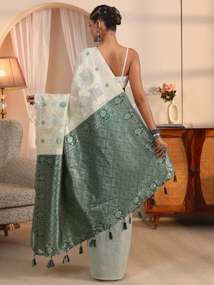 Libas Beige and Green Floral Woven Design Silk Blend Tassel Saree