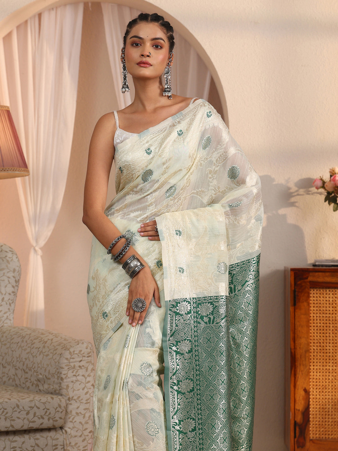 Libas Beige and Green Floral Woven Design Silk Blend Tassel Saree