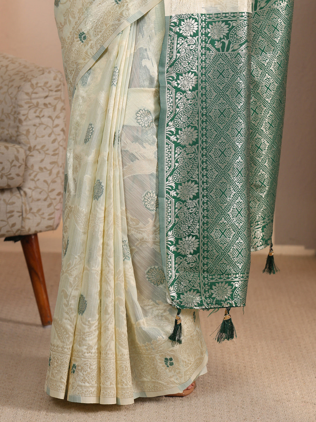 Libas Beige and Green Floral Woven Design Silk Blend Tassel Saree