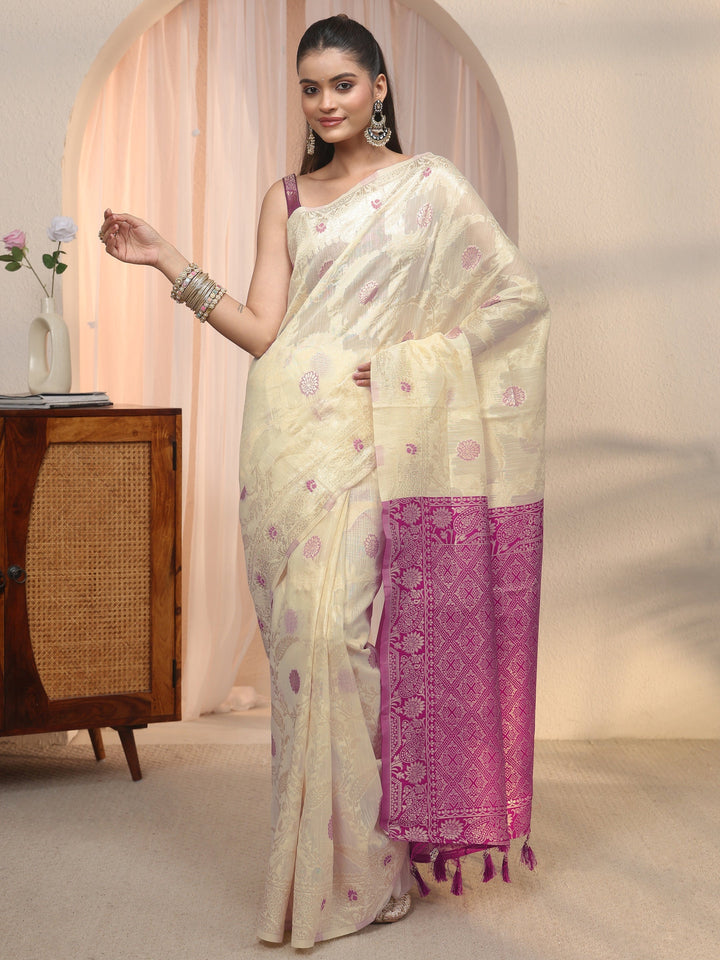 Libas Beige Floral Woven Design Silk Blend Saree