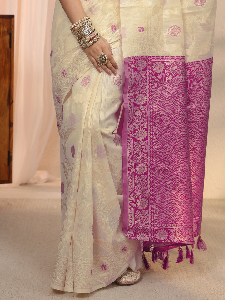 Libas Beige Floral Woven Design Silk Blend Saree
