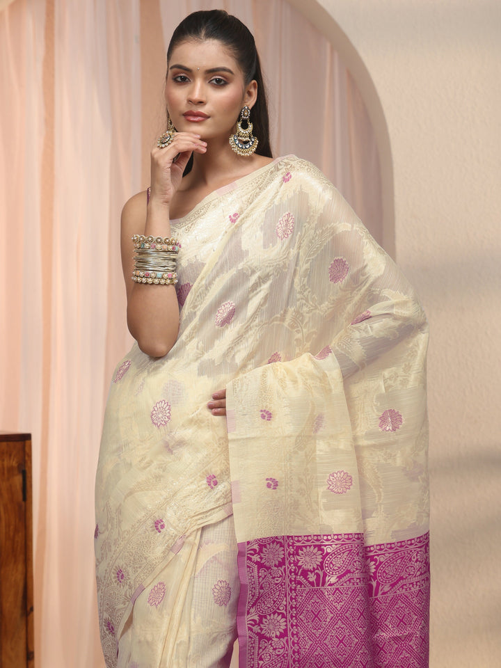 Libas Beige Floral Woven Design Silk Blend Saree